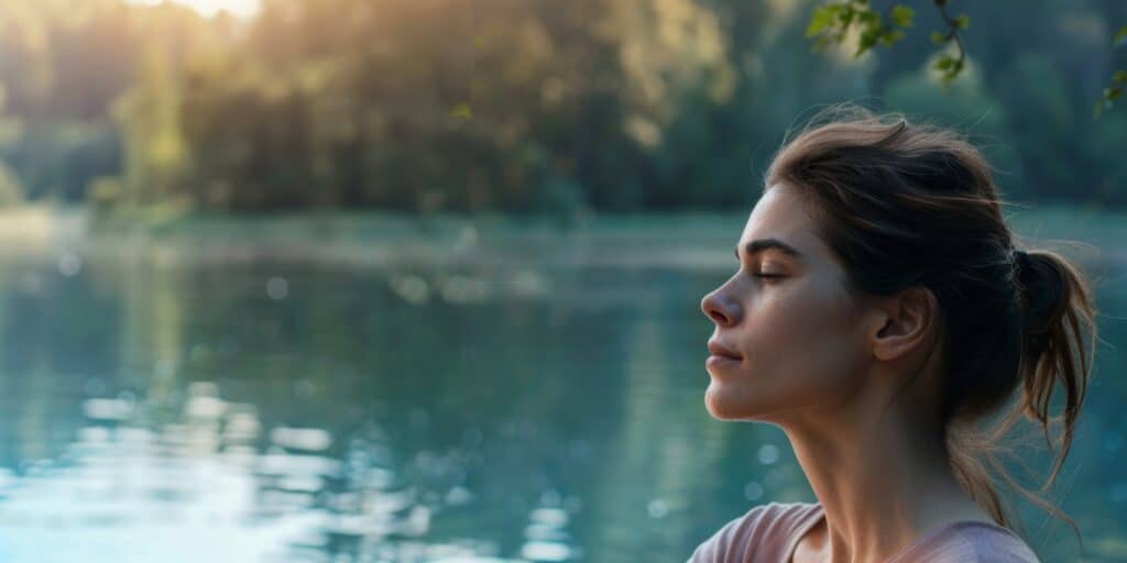 jeune femme sereine au bord d un lac